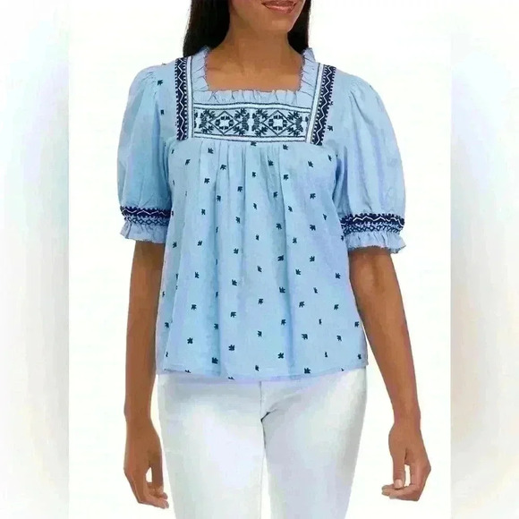 Chelsea & Theodore Boho Blue Embroidered Top - Picture 1 of 5
